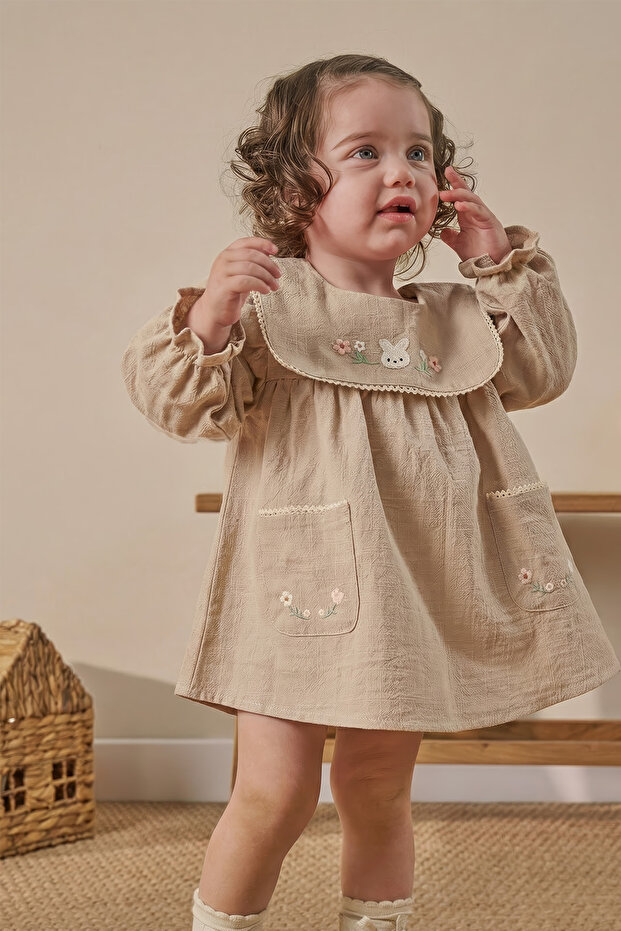 Embroidered Pocket Baby Girl Dress- Beige (6-9 months)