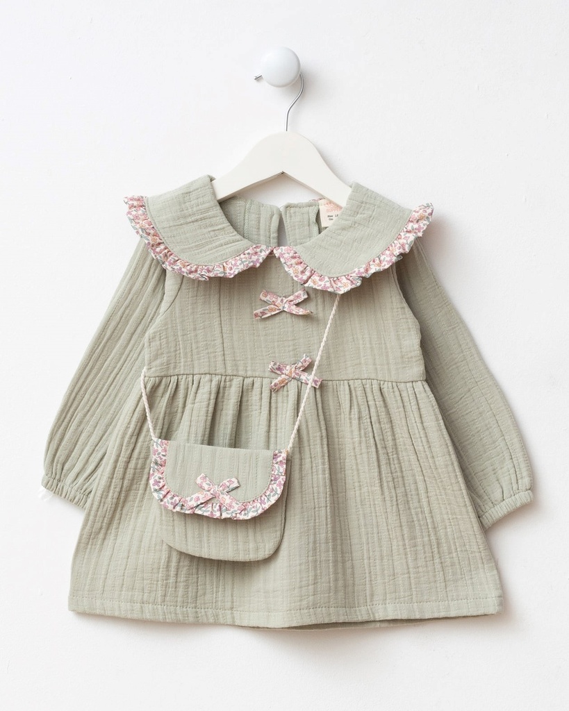 Bow Detailed Muslin Baby Girl Dress with Bag -  Green