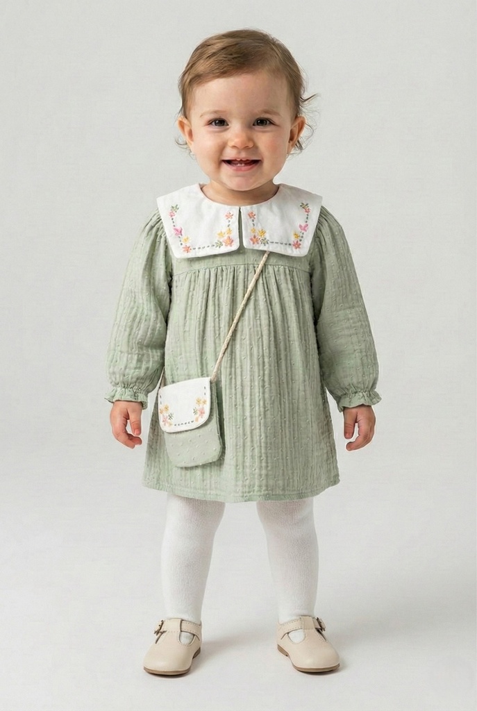 Peter Pan Collar Baby Girl Muslin Dress- Green (6-9 months)