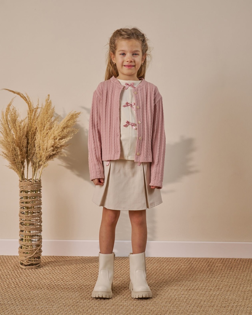 Three-Piece Holiday Outfit: Skort, cardigan and Blouse(Ages 4-7)- Beige