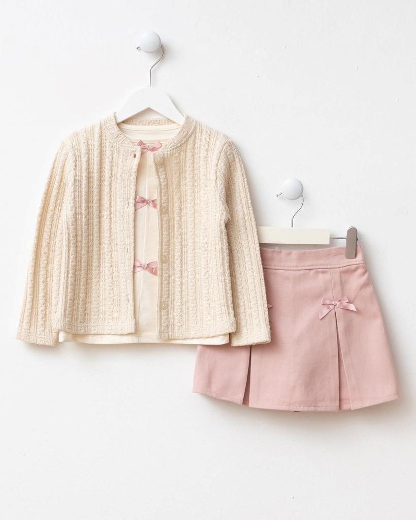 Three-Piece Holiday Outfit: Skort, cardigan and Blouse(Ages 4-7)- Powder Pink