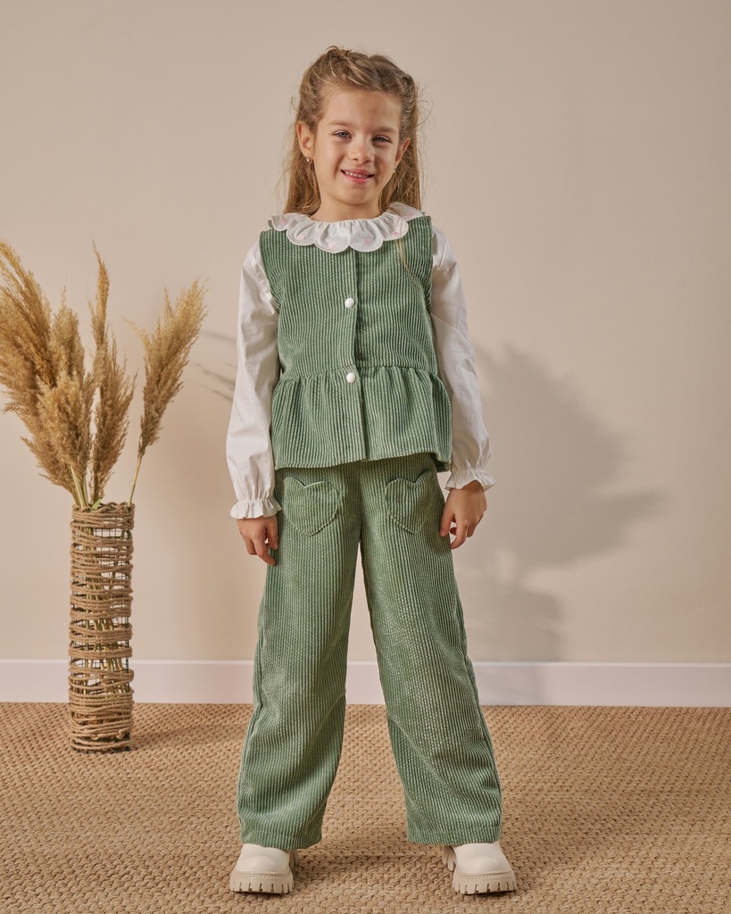 Heart Pocket Detail Corduroy 3-Piece Holiday Outfit- GREEN