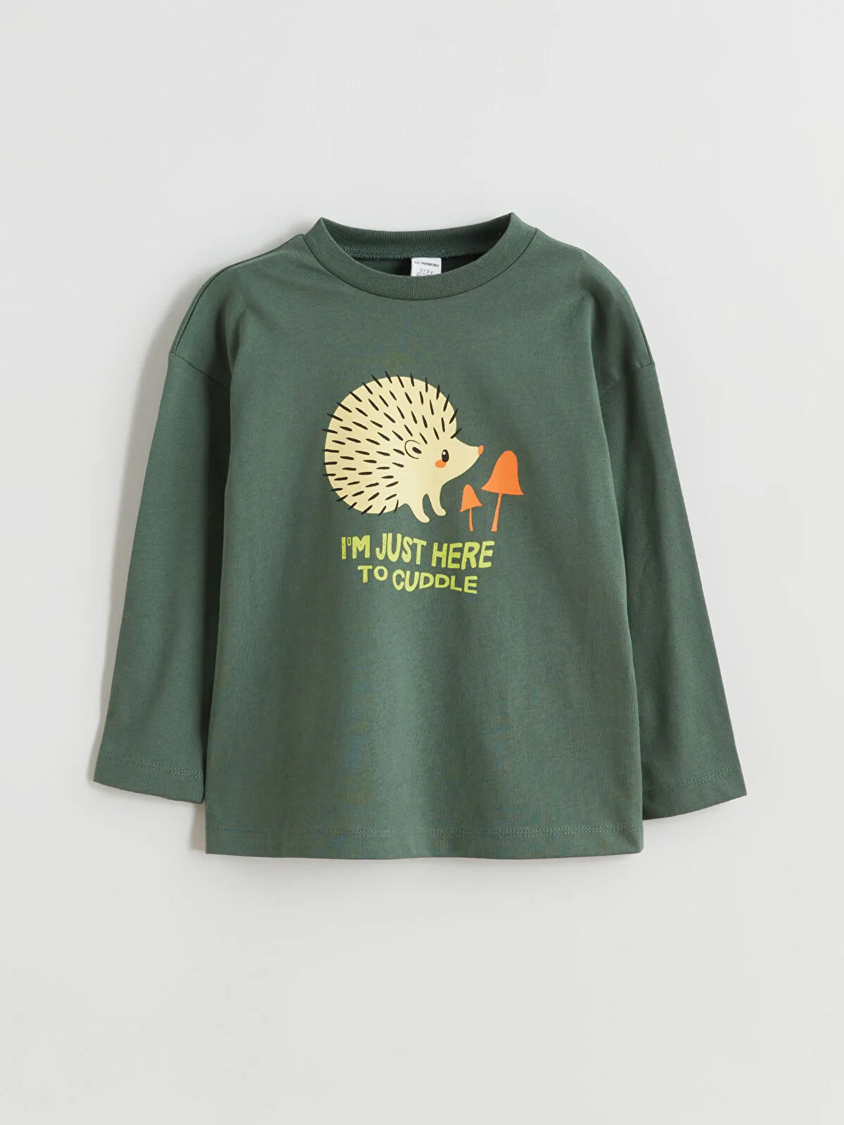 Olive Green Crew Neck Printed Boys' long sleeve T-Shirt
