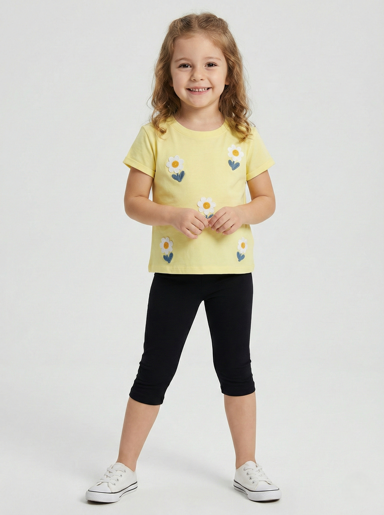 Girls Daisy Embroidered Set- Yellow- (2-5Y) (2-3 years)
