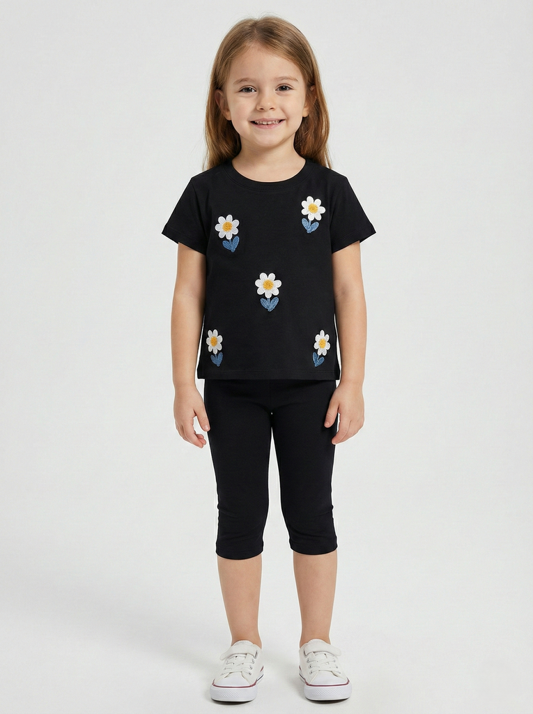 Girls Daisy Embroidered Set- Black- (2-5Y)  (2-3 years)