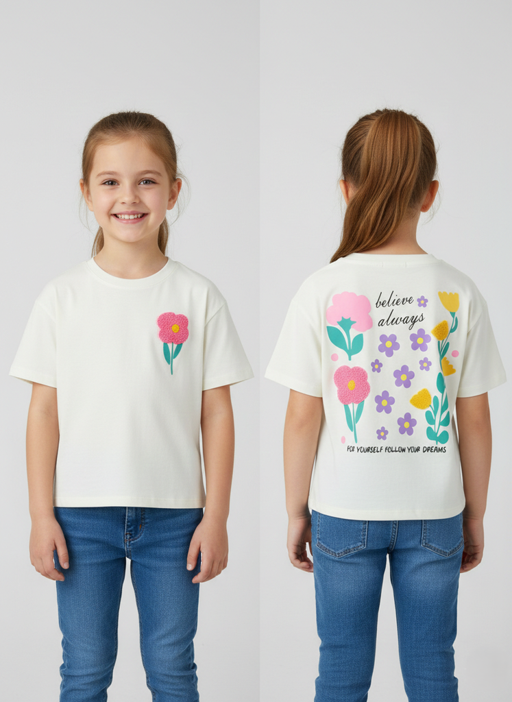 Girls Tulip Print T-shirt- white