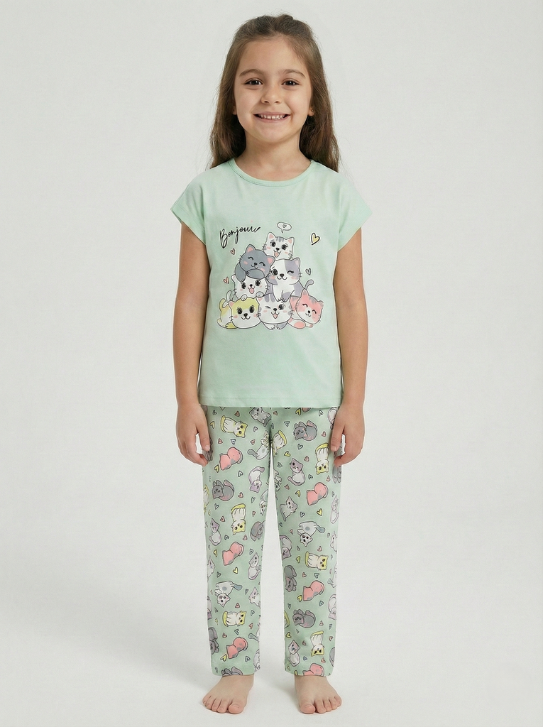 Cats Green Pajama (6-9Y) (6-7 years)