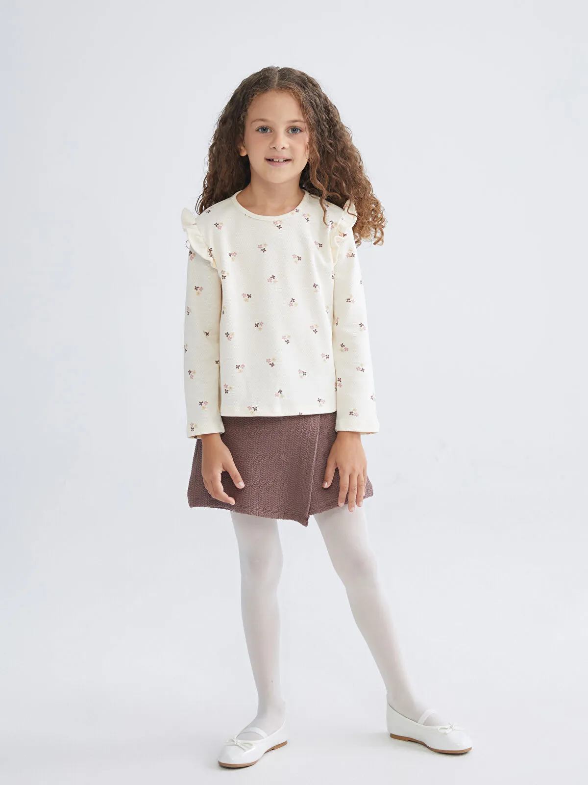 Off-White Ruffled Girls' Blouse, Skirt, and Tights Set
