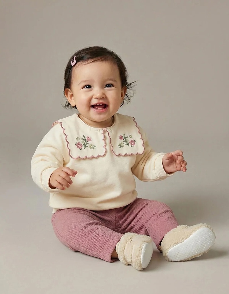 Off-white Peter Pan collar girl's blouse and trousers.