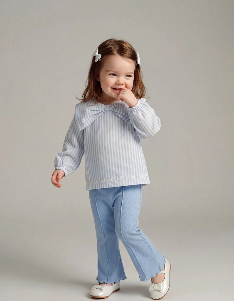 Off-White Striped Blouse and Leggings with Bow Collar Detail