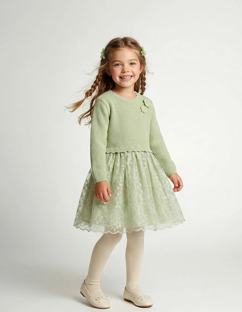 Green Floral Applique Girl's Tulle Dress (2-3 years)