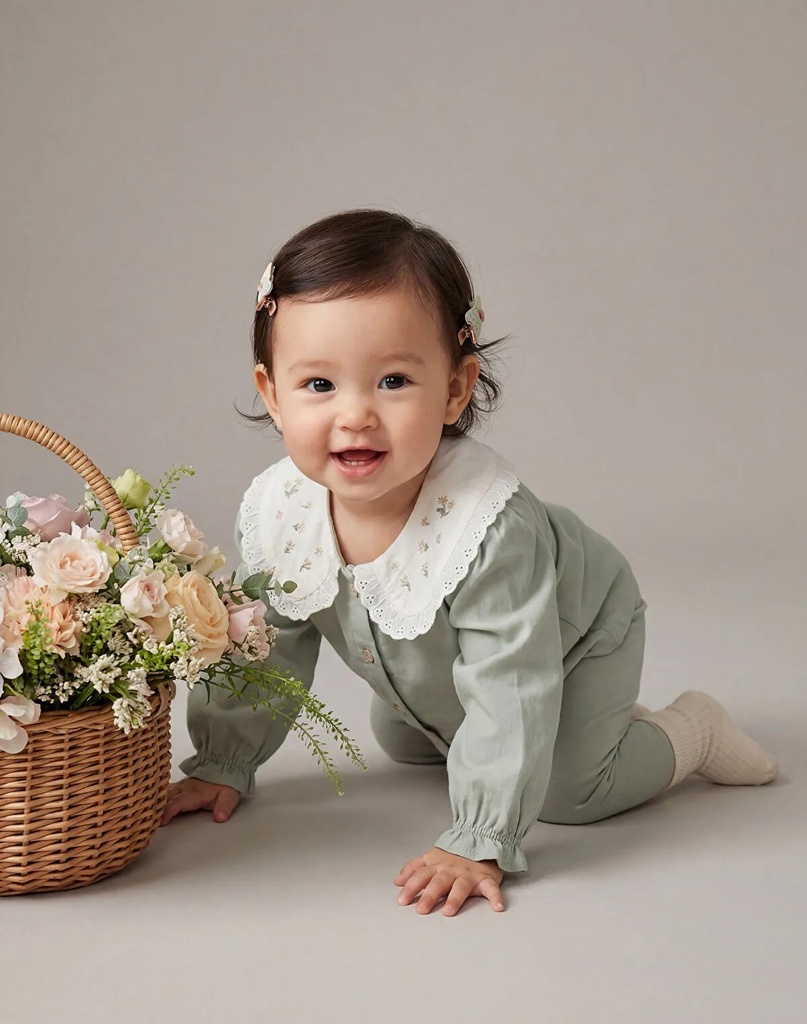 Green Baby Collar Embroidered Long-Sleeved Baby Girl Set