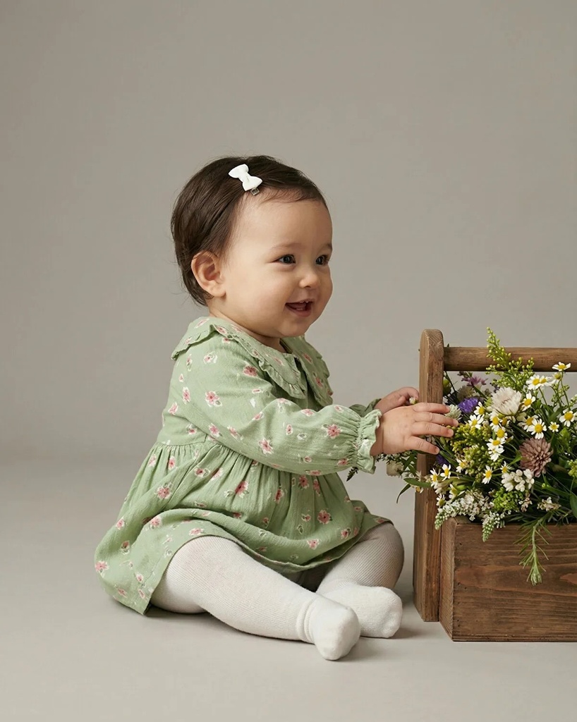 Green Baby Collar Floral Muslin Girl Baby Dress (18-24 months)