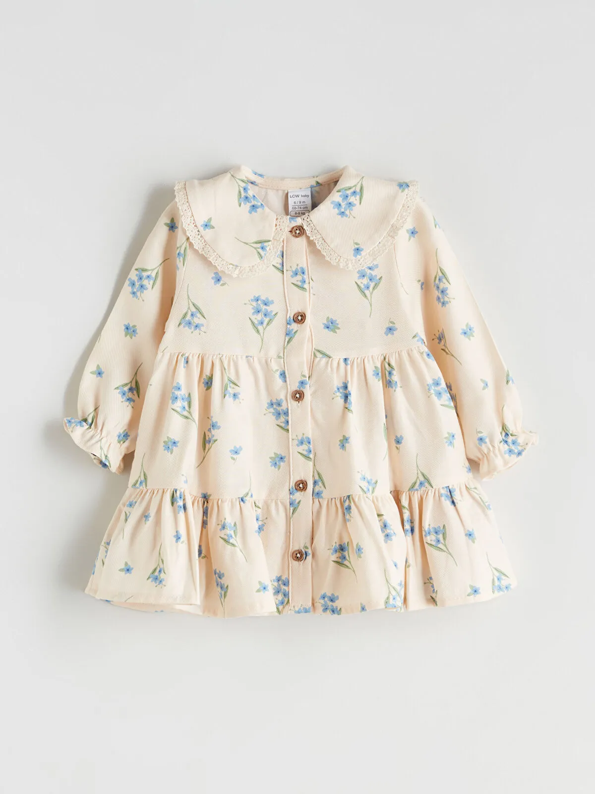 Beige Baby Collar Ruffled Printed Girl's Dress (9-12 months)
