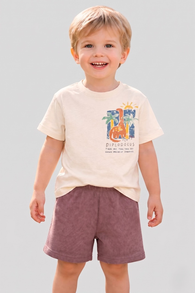 Baby Dino Waffle Shorts Set- Brown (1 year)