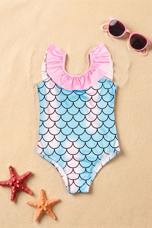 Girls' Fishbone Pattern Swimsuit, (Ages 2-3 / 11-12) (2-3 years)