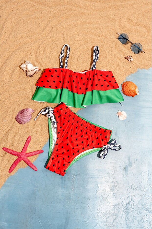 Girls’ Watermelon Print Frill Bikini Set (Ages 5–6 / 11–12) (5-6 years)