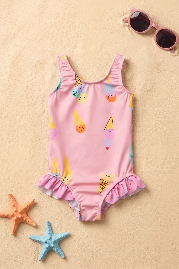 Girls’ Ice Cream Print Frill Swimsuit Set (Ages 3–4 / 9–10) (3-4 years)