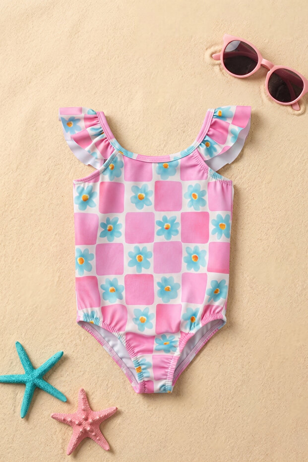 Girls’ Frill Swimsuit with Floral Check Pattern  (Ages 3–4 / 9–10) (3-4 years)