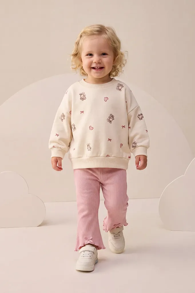Baby Girl 2-Piece Set: Teddy Bear Print, and Ribbed Leggings (9-24 Months) (9 months)