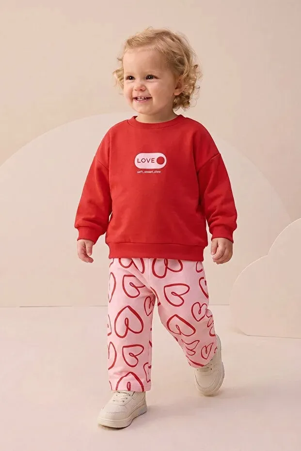 Baby Girl Heart-Print & 'Love' Detail Top and Bottom Set (9-24 Months)- RED (9 months)