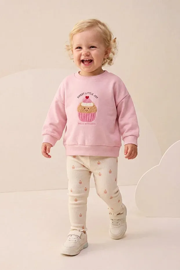 Baby Girl Ribbed Leggings Outfit Set with Cupcake Embroidery (9-24 Months) LIGHT PINK (9 months)