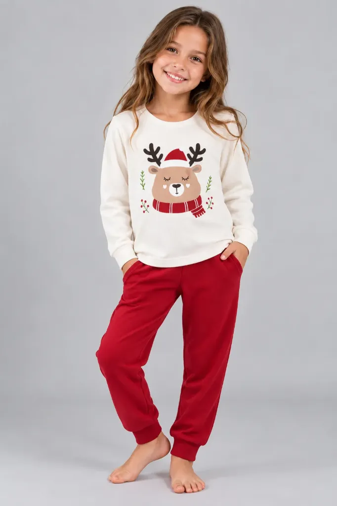 Deer Cotton Pajama-Red ( 6 to 10 years) (6-7 years)