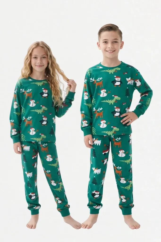 Unisex Children's Long-Sleeve Green Pajama Set – 100% Cotton- (8-13 years) (8-9 years)