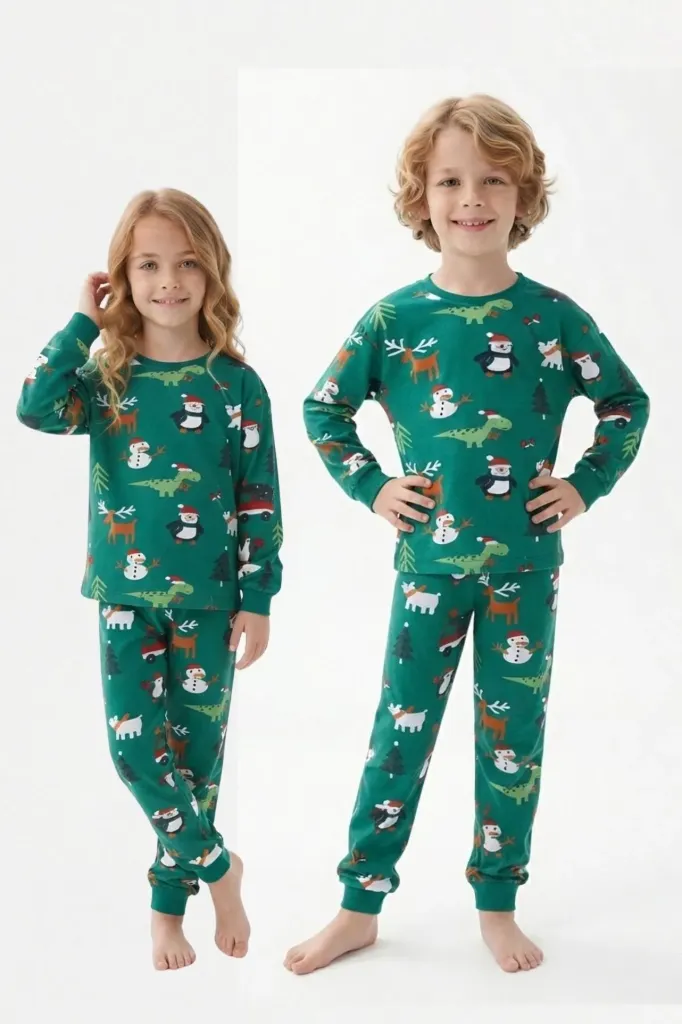 Unisex Children's Long-Green Sleeve Pajama Set – 100% Cotton- (3 to 8 years) (3-4 years)