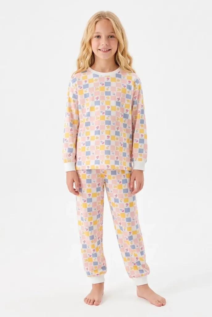 Girls' Long-Sleeve Pajama Set – 100% Cotton- Plaid and Floral Print (8 to 13 years) (8-9 years)