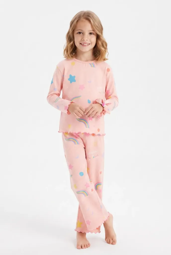 Girls' 100% Cotton Long-Sleeve Pajama Set with Rainbow and Star Pattern and Buckle Detail
