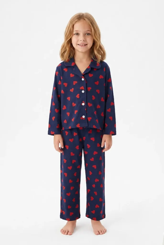 Girls' Long-Sleeve Button-Front Pajama Set – Heart Print, 100% Cotton ( 3 to 12 years) (3-4 years)