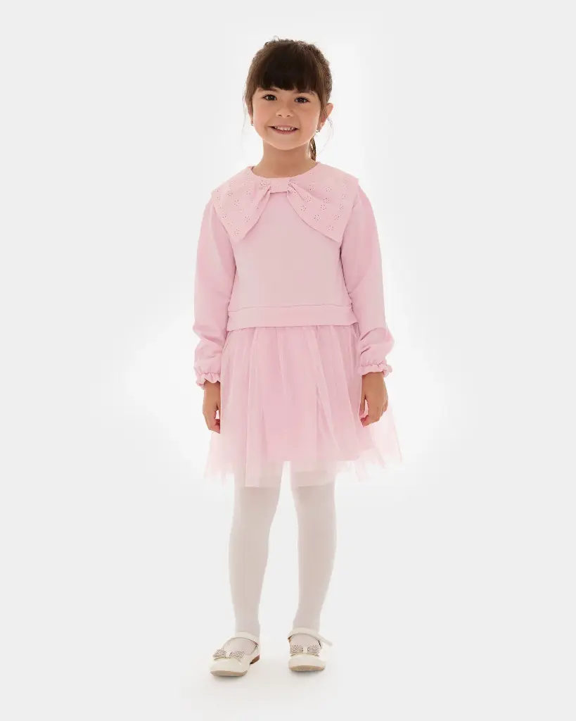 Pink Bow-Neck Tulle Girl Dress (4-7 Years)