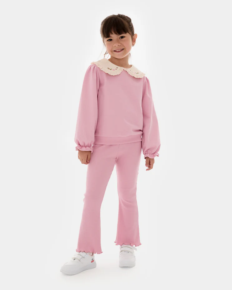 Pink Scallop Collar Detailed 2-Piece Spanish Leg Girls' Suit (4-7 Years) 