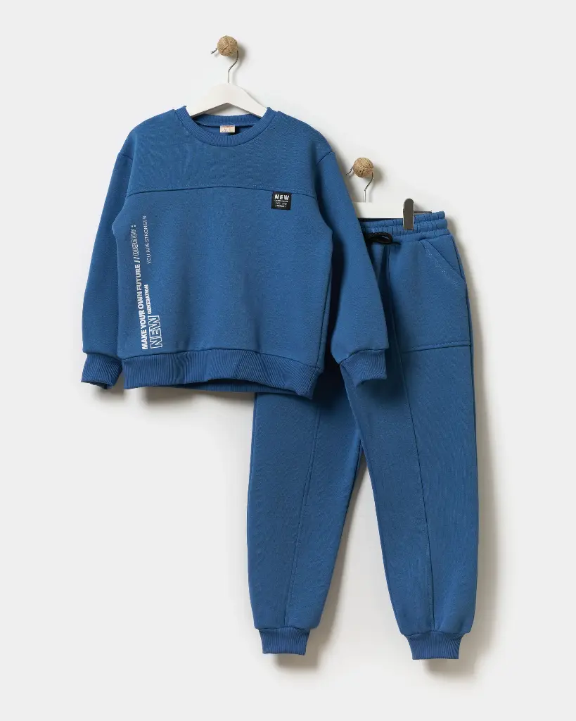 Fleece Inside- Indigo Blue Crest Detailed Boy's Tracksuit Set (7-10 Years)