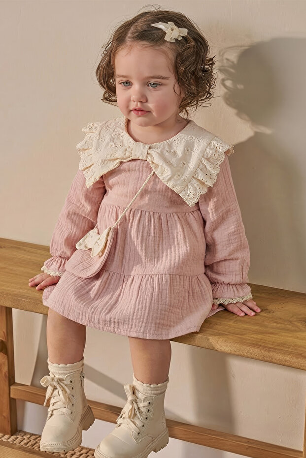 Baby Girl Muslin Dress with Bow Detail and Bag- Powder Pink