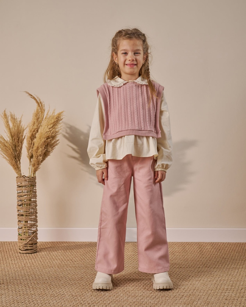 Three-Piece Girls' Holiday Outfit with Lace Collar Shirt, Sweater, and Relaxed Fit Trousers -Pink