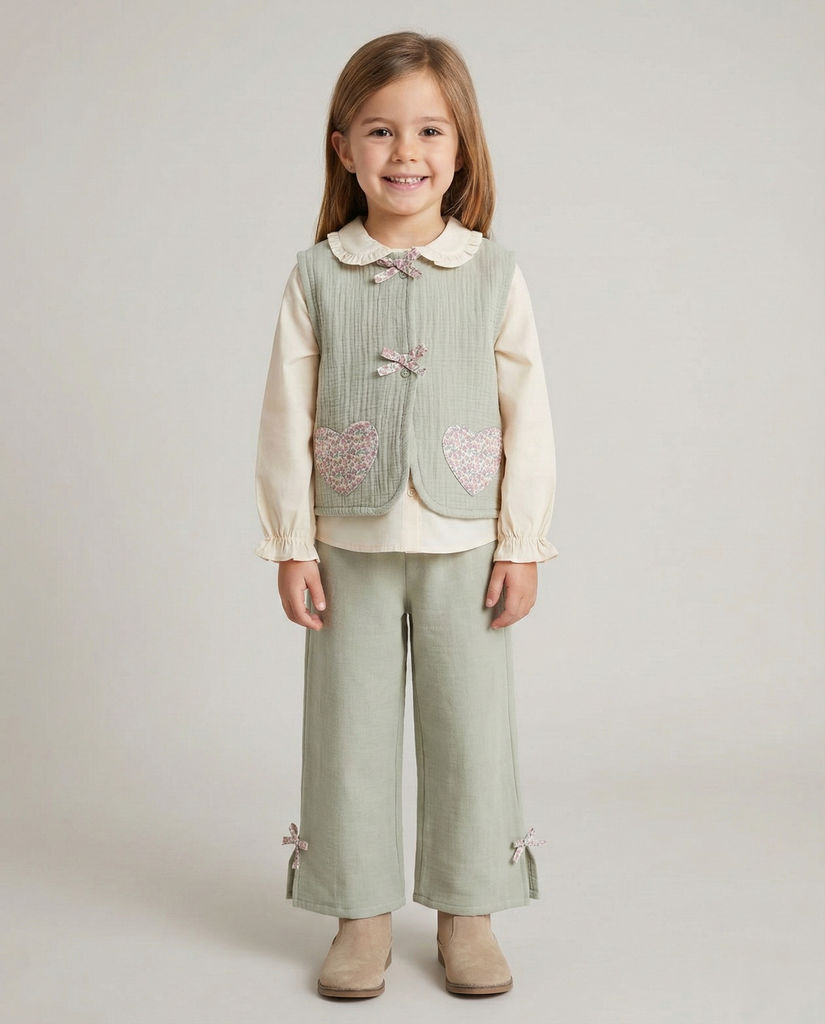 Three-Piece Holiday Outfit: Muslin Vest with Bow Detail and Relaxed Fit Trousers 