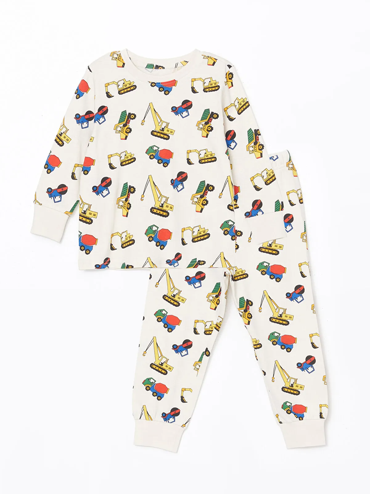 Beige Crew Neck Printed Boys' Pajama Set