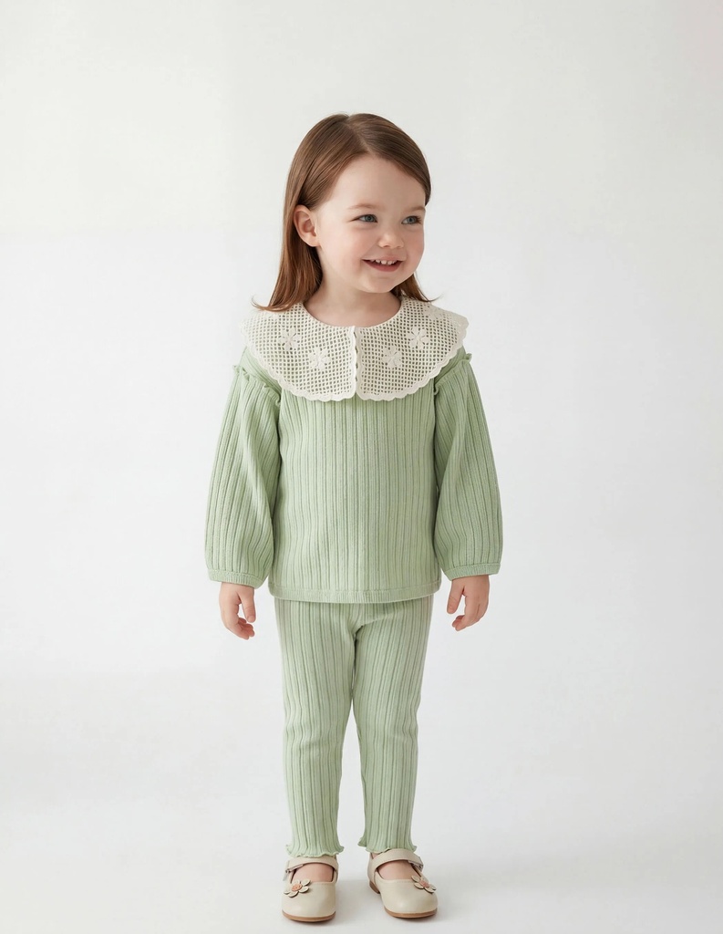 Green Baby Collar Patterned Long-Sleeved Blouse and Leggings