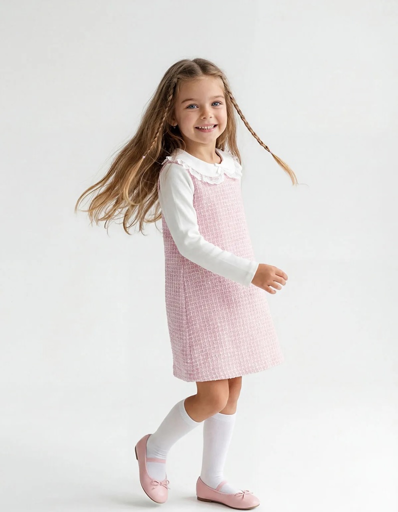 Pink Peter Pan Collar Plaid Pattern Girl's Tweed Dress