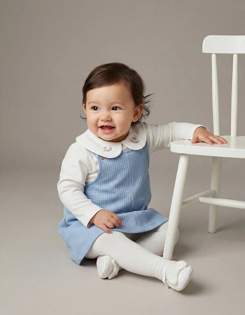 Blue Embroidered Girl's Overalls Dress and Blouse
